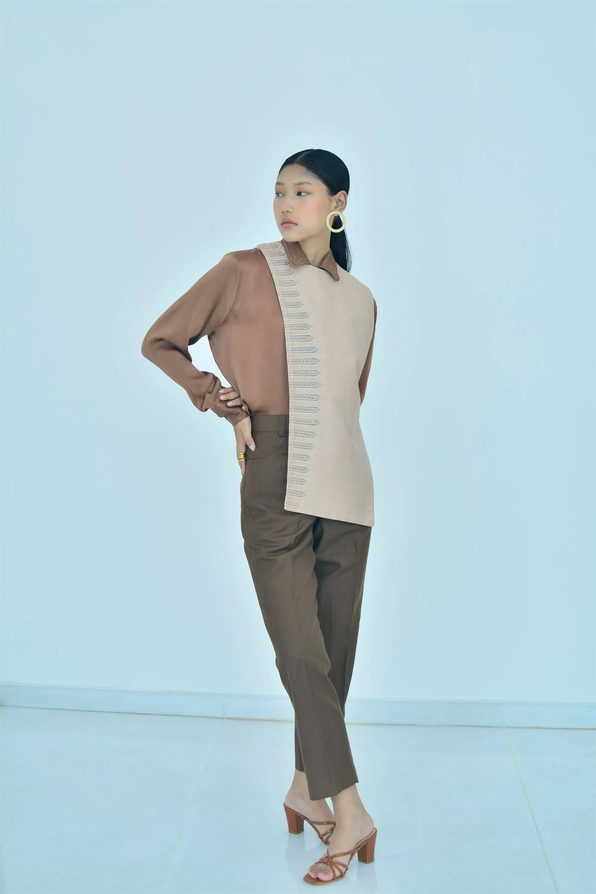 New Season Summer to Fall 2024-Shirt Embroidered Cuffs Silk Brown-TB/S/037-Suzanne-Fashion Edit Hemji