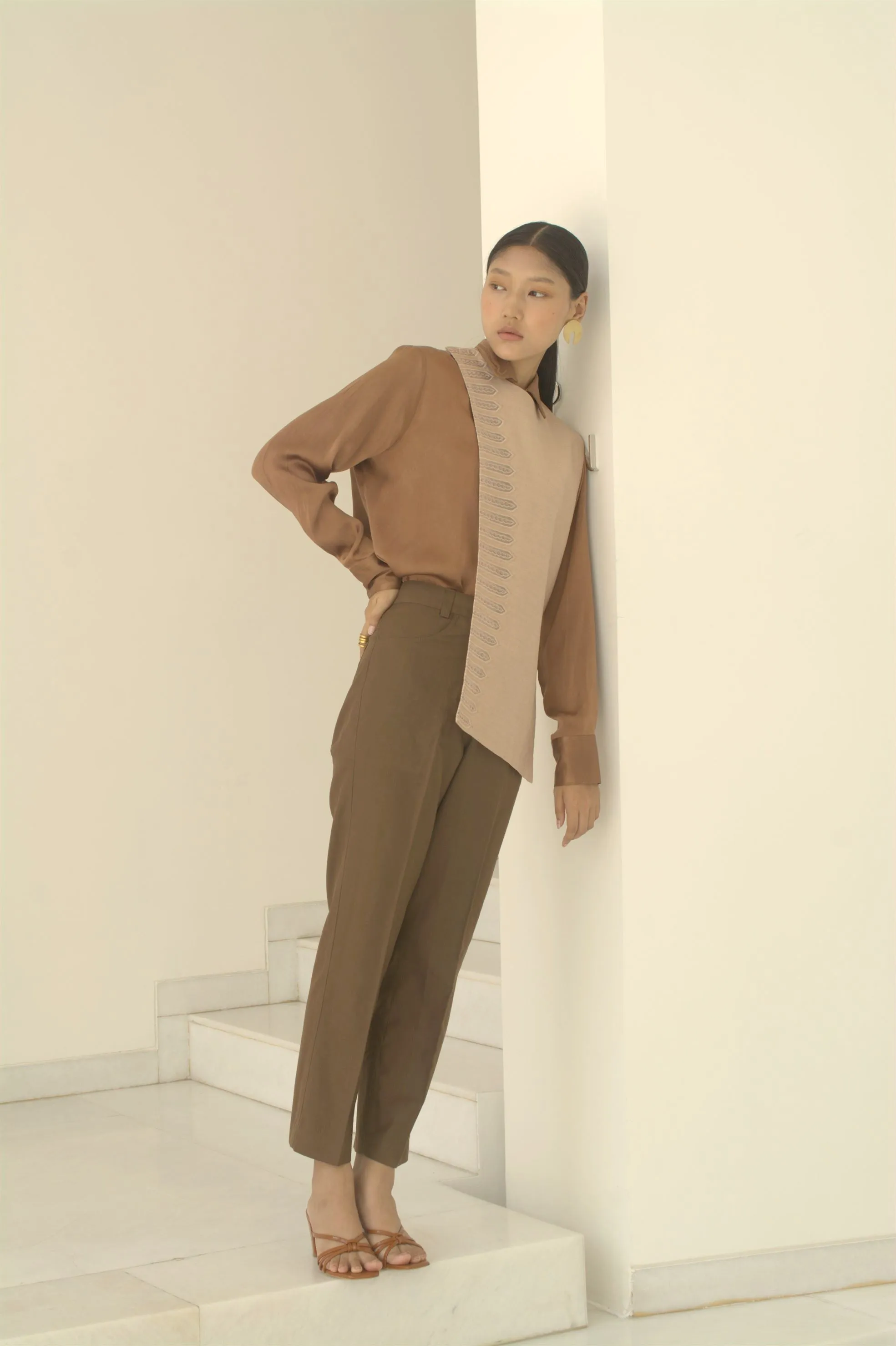 New Season Summer to Fall 2024-Shirt Embroidered Cuffs Silk Brown-TB/S/037-Suzanne-Fashion Edit Hemji