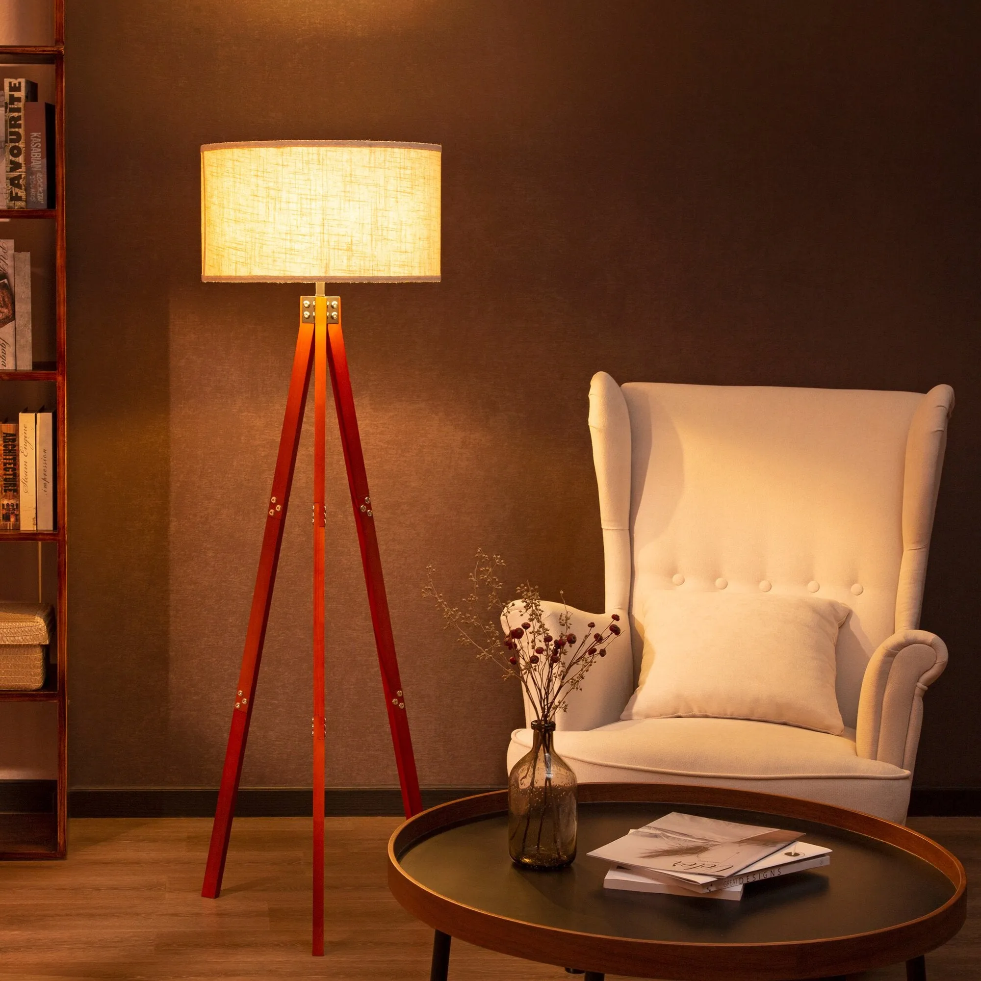 New Zenvida Floor Lamp Wood Tripod Mid Century Modern Standing Reading Light Linen Drum Shade! Retails $277 