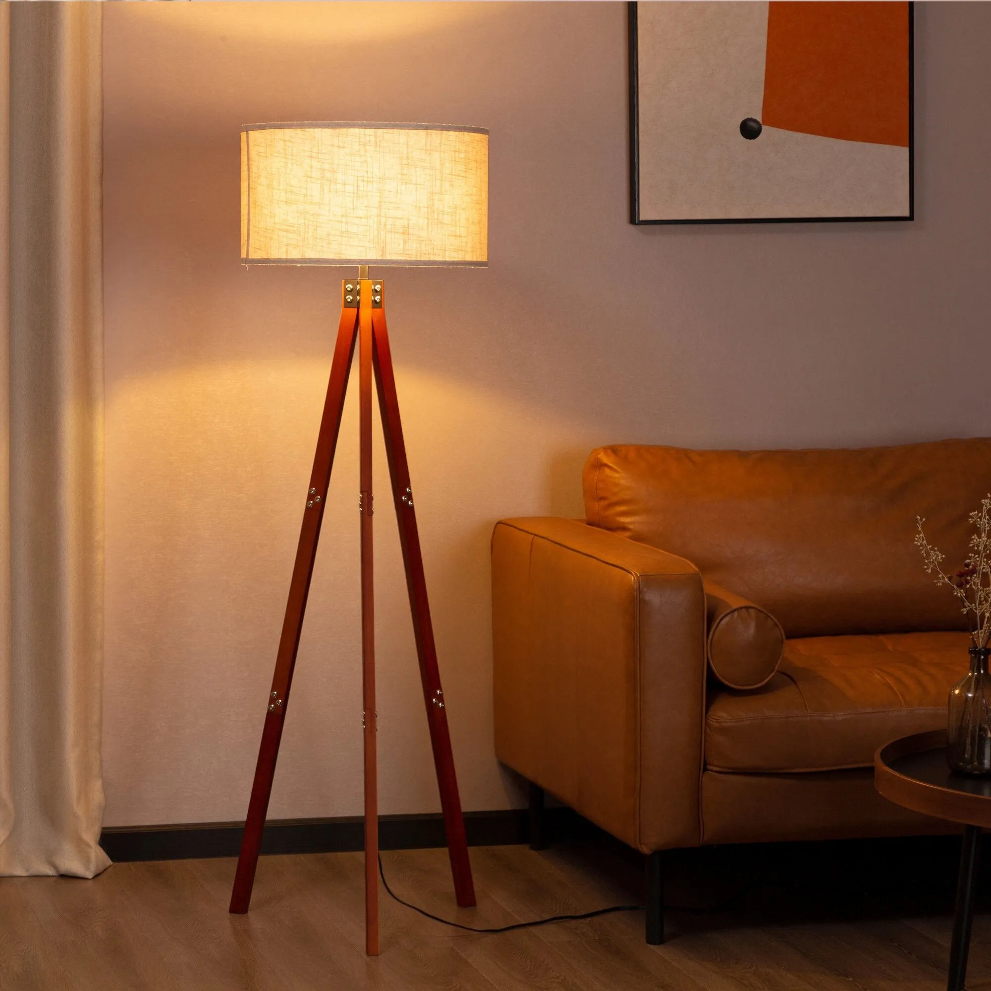New Zenvida Floor Lamp Wood Tripod Mid Century Modern Standing Reading Light Linen Drum Shade! Retails $277 