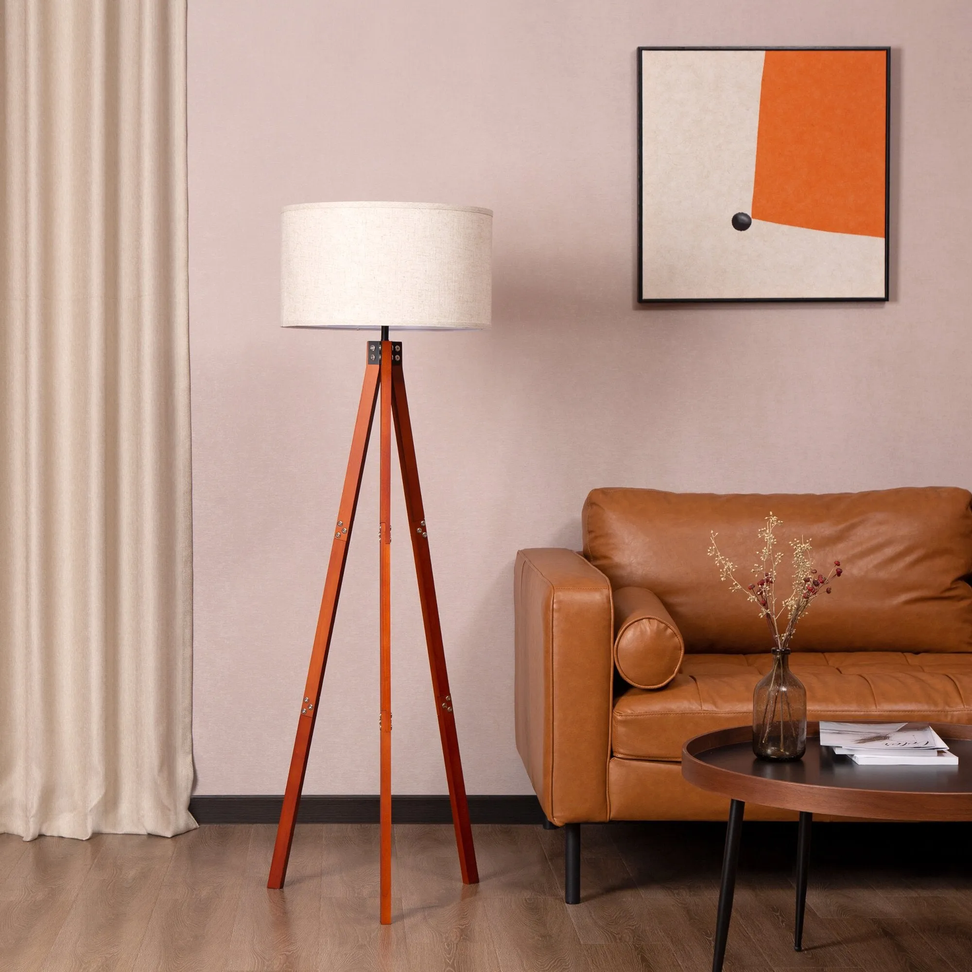 New Zenvida Floor Lamp Wood Tripod Mid Century Modern Standing Reading Light Linen Drum Shade! Retails $277 