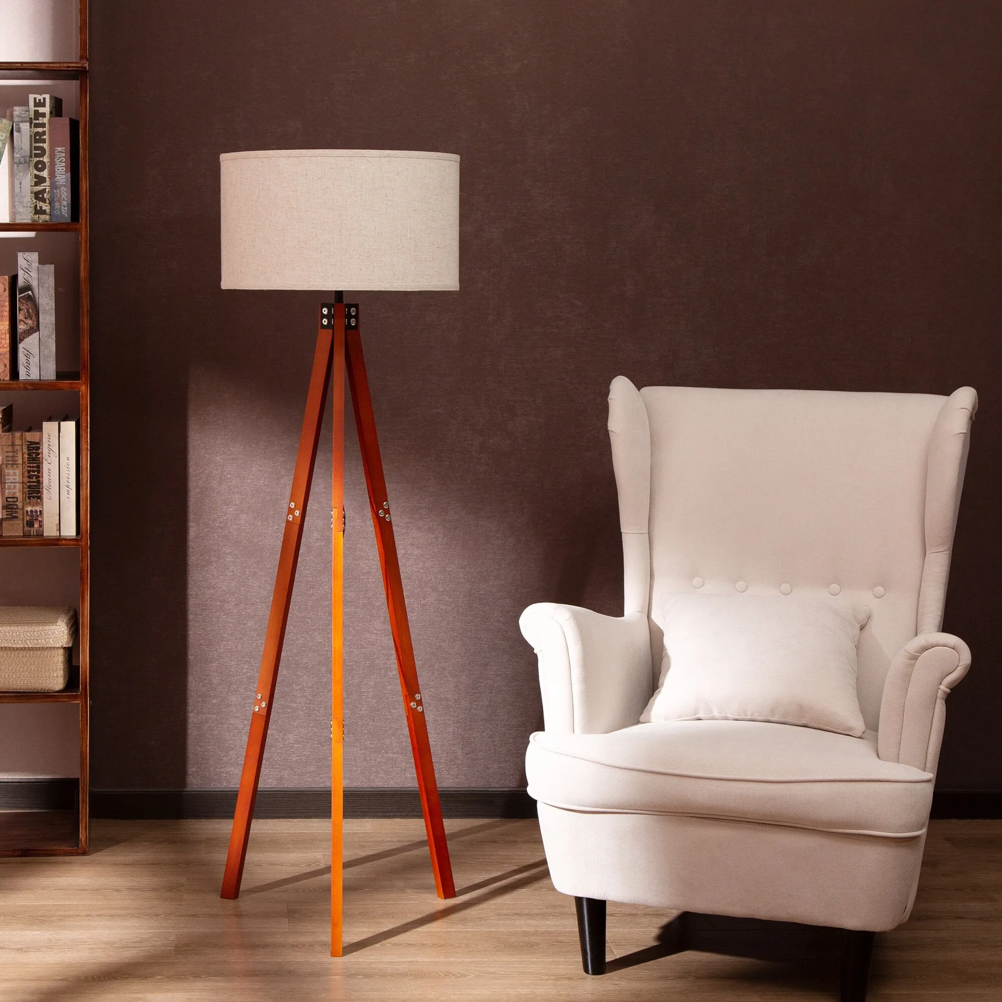 New Zenvida Floor Lamp Wood Tripod Mid Century Modern Standing Reading Light Linen Drum Shade! Retails $277 