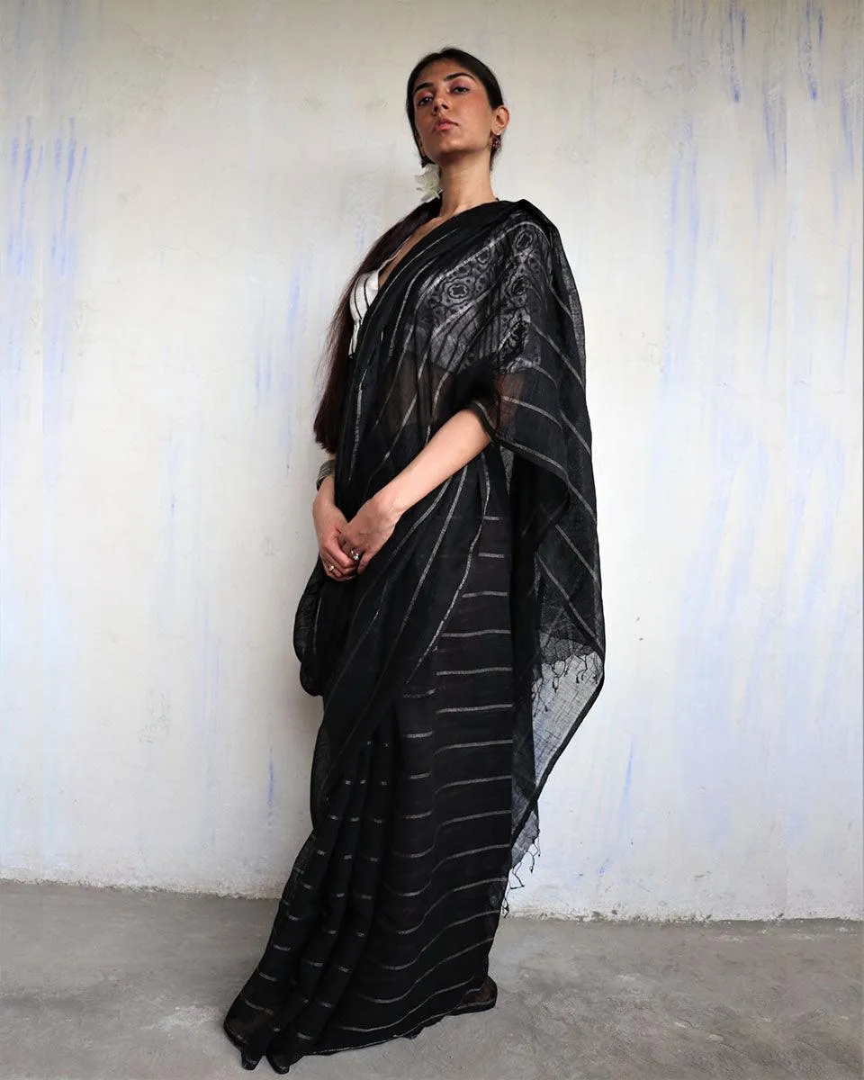Nutan Handwoven Linen Zari Saree- Yesterday