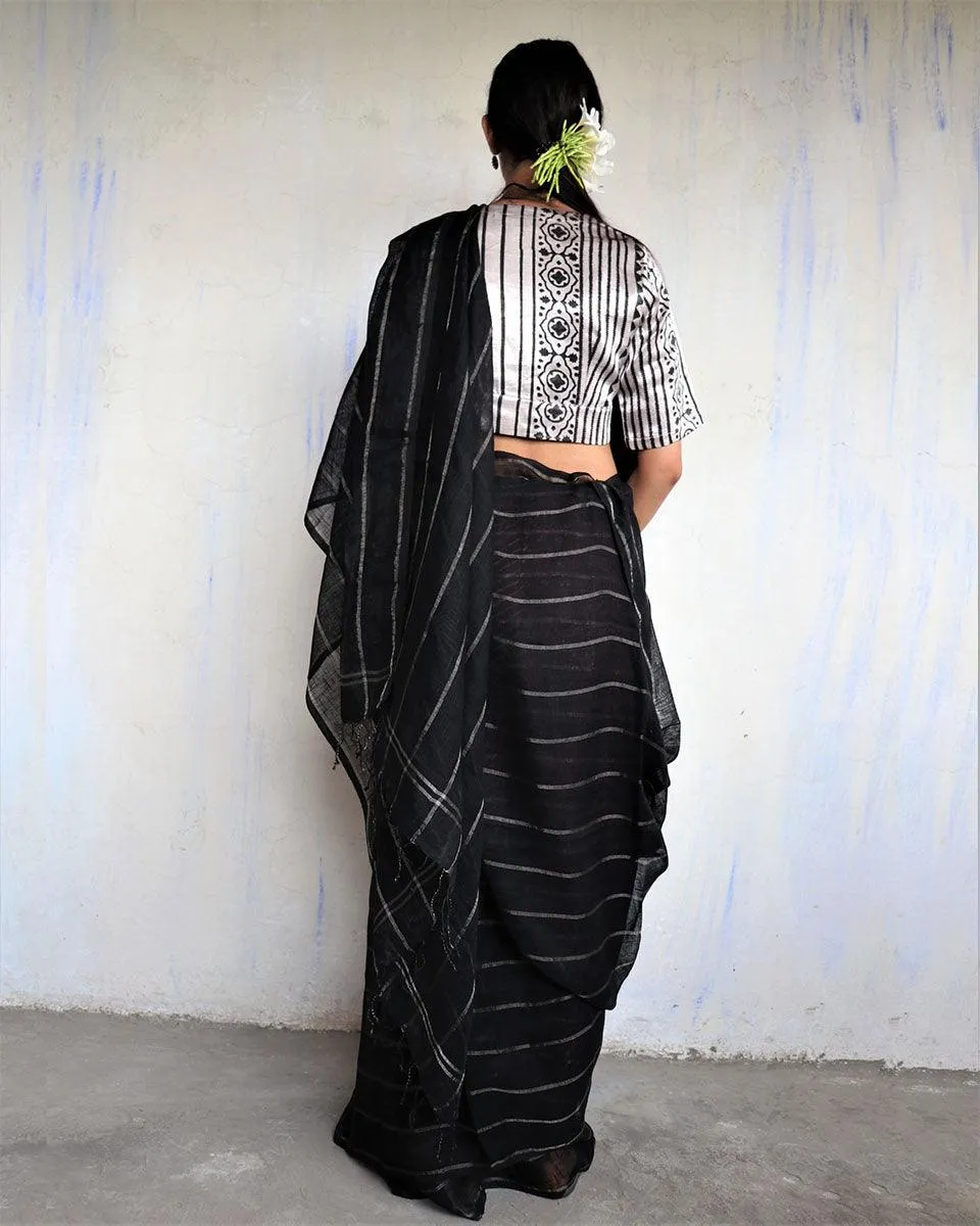 Nutan Handwoven Linen Zari Saree- Yesterday