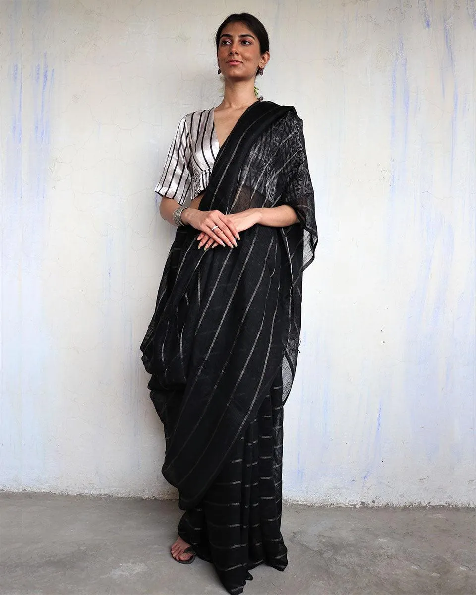 Nutan Handwoven Linen Zari Saree- Yesterday