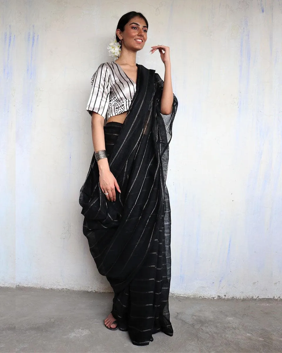 Nutan Handwoven Linen Zari Saree- Yesterday