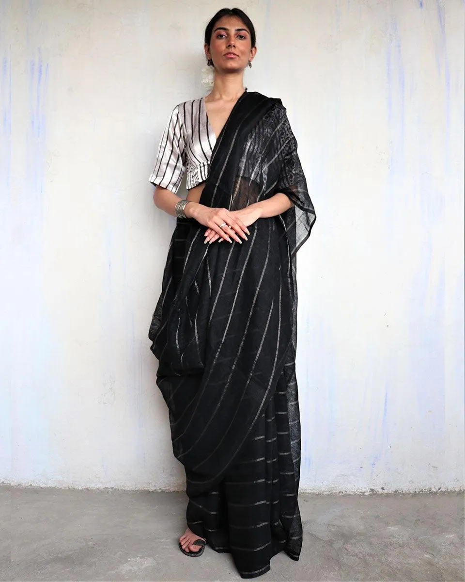 Nutan Handwoven Linen Zari Saree- Yesterday