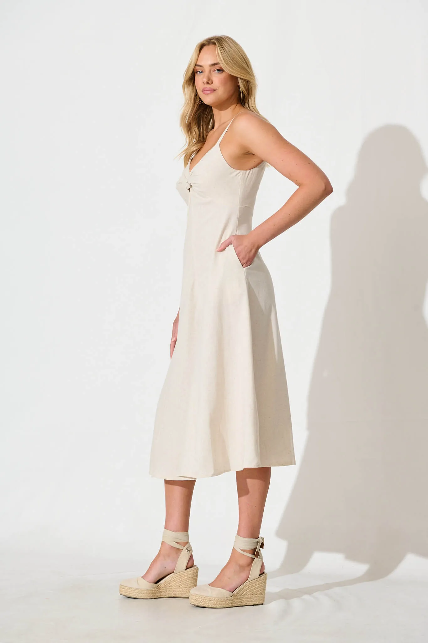 Oatmeal Cotton Linen Midi Sundress by Roselani