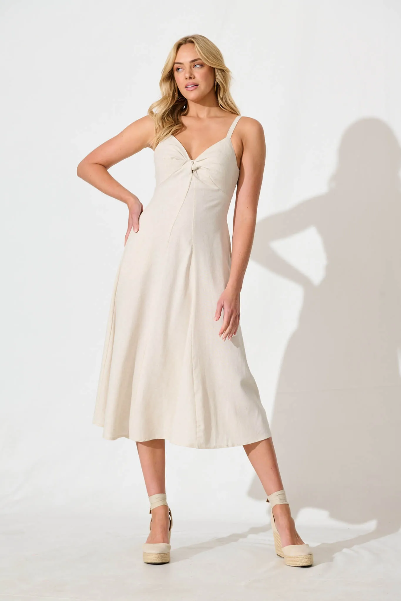 Oatmeal Cotton Linen Midi Sundress by Roselani