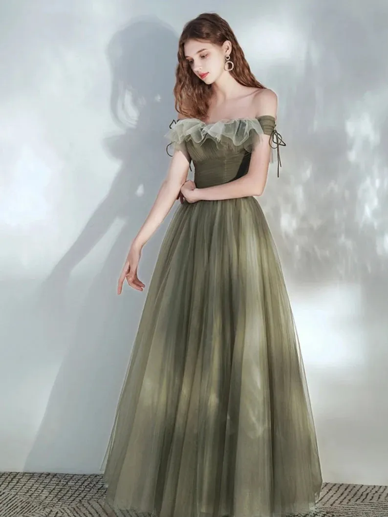 Off the Shoulder A Line Tulle Floor Length Green Elegant Fairy Dresses Prom Dresses
