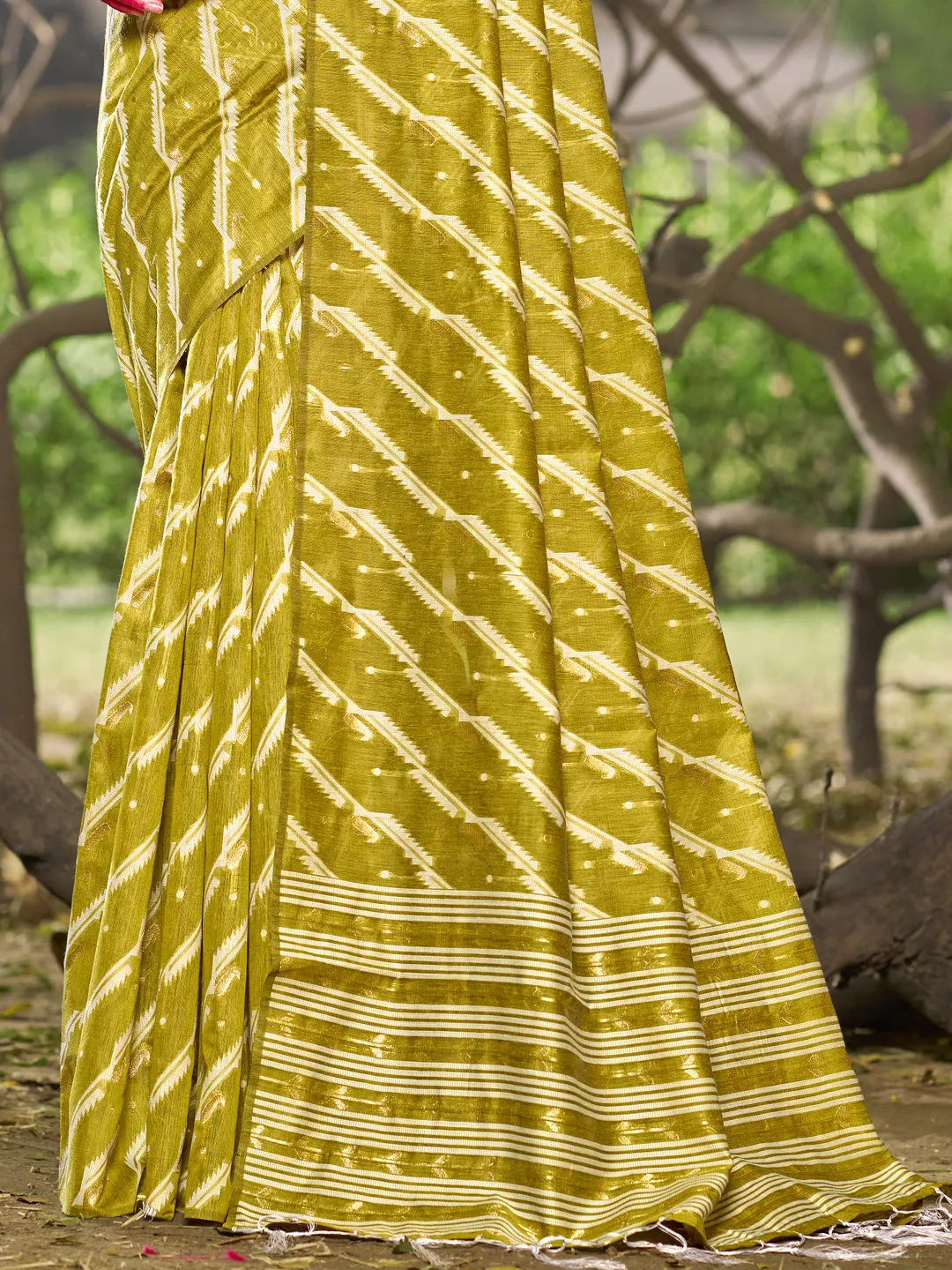 Olive Green Linen Cotton Saree