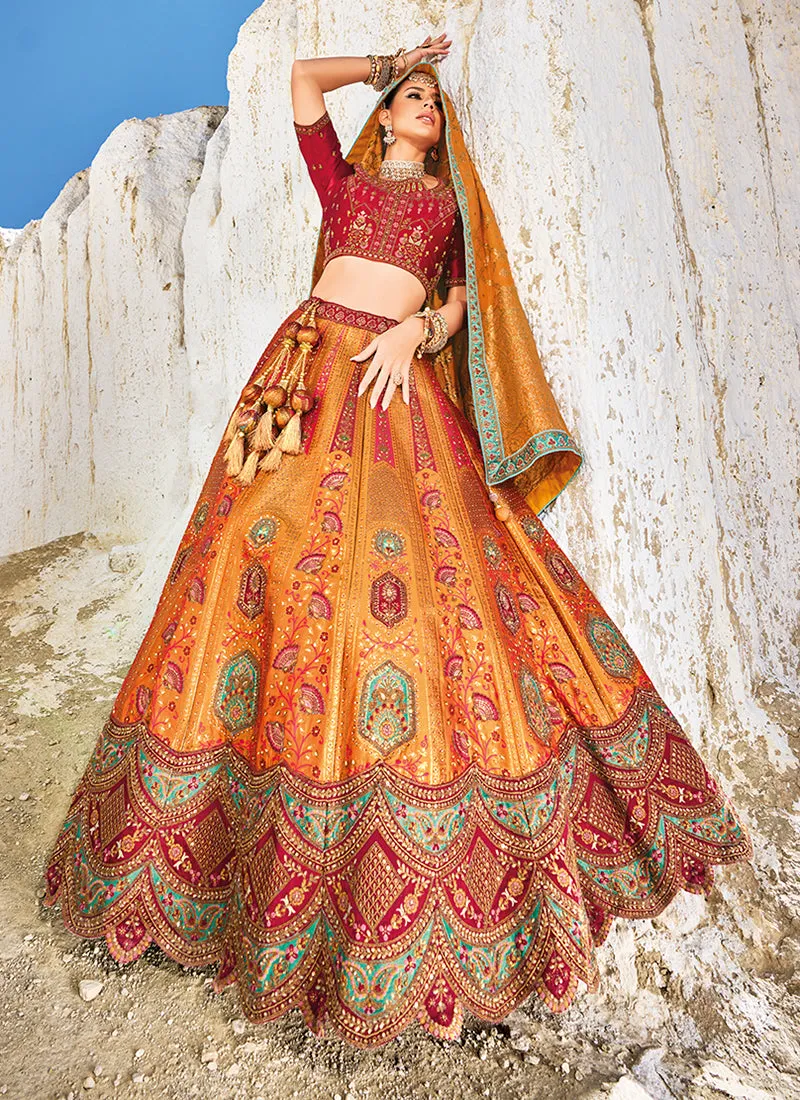 Orange And Red Embroidery Wedding Lehenga Choli