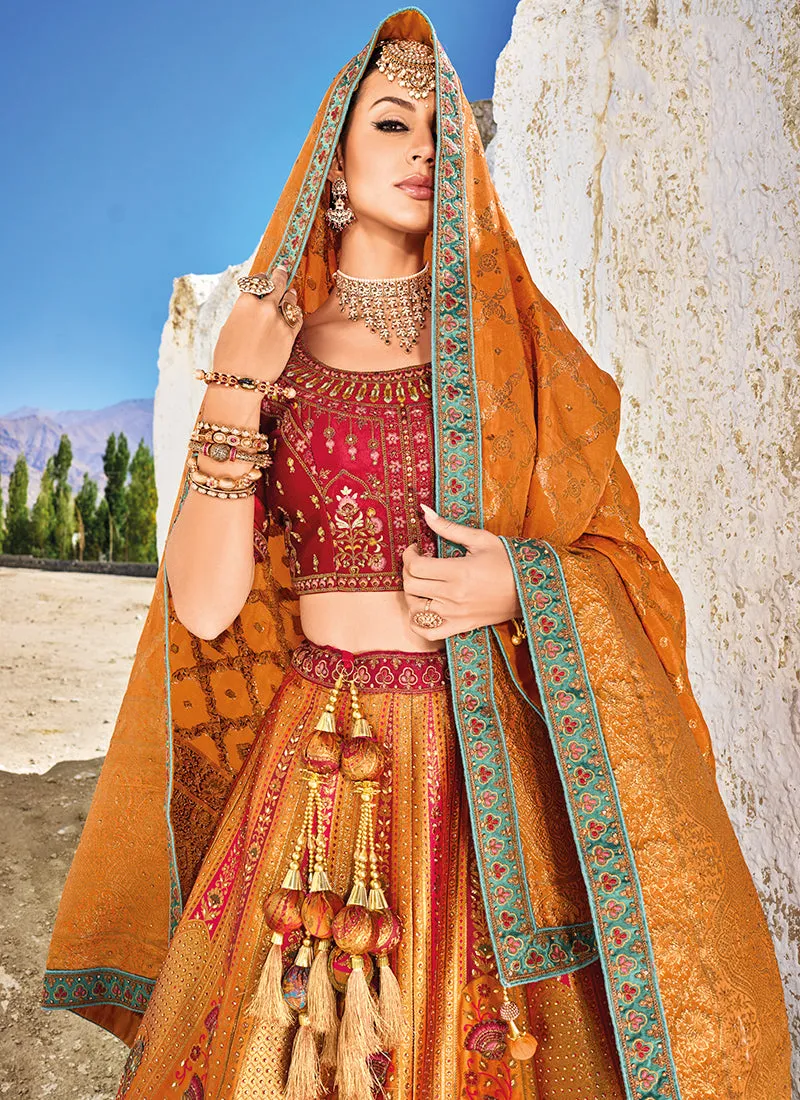 Orange And Red Embroidery Wedding Lehenga Choli