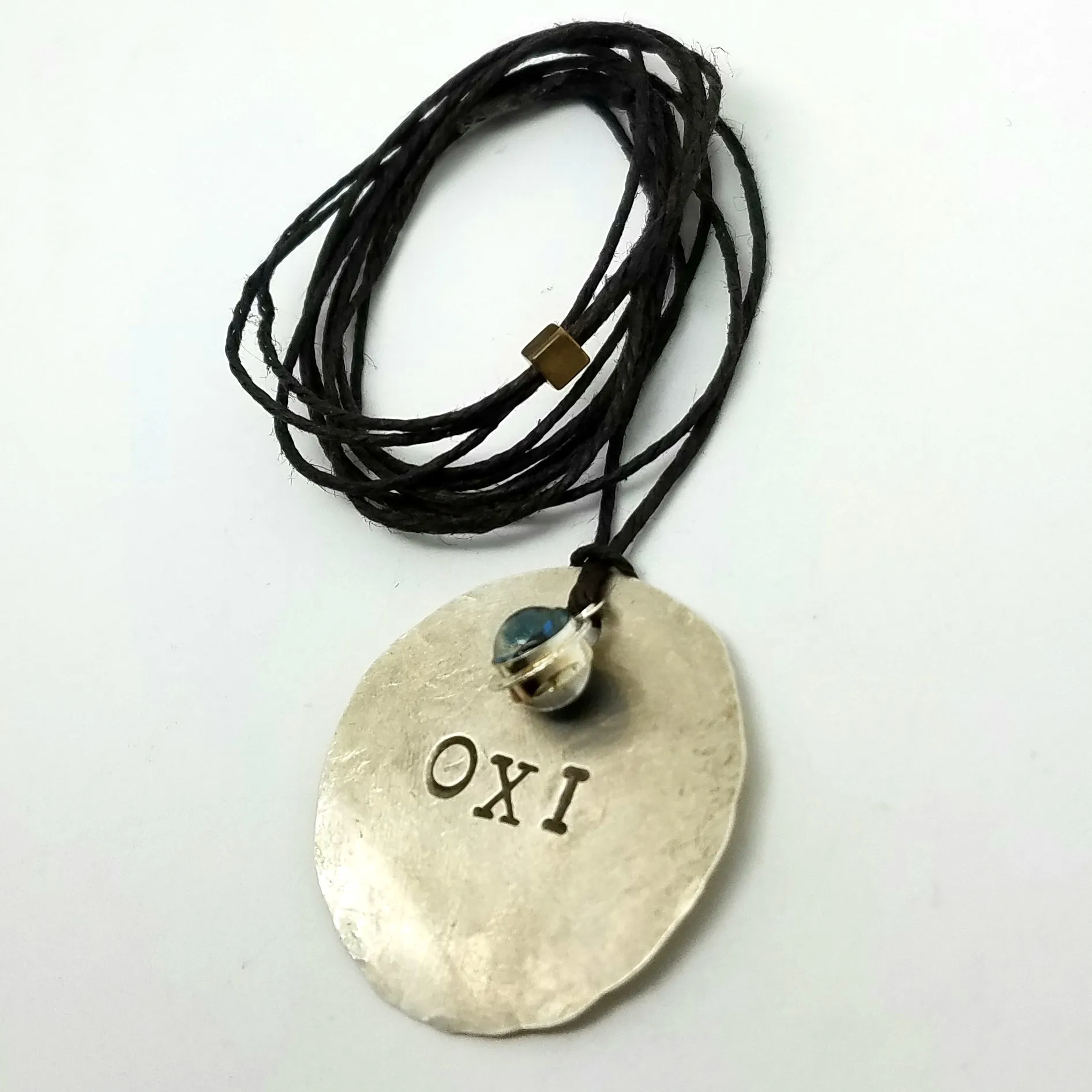OXI Silver Adjustable Necklace/Bracelet with Glass Mati on Bamboo, 42"