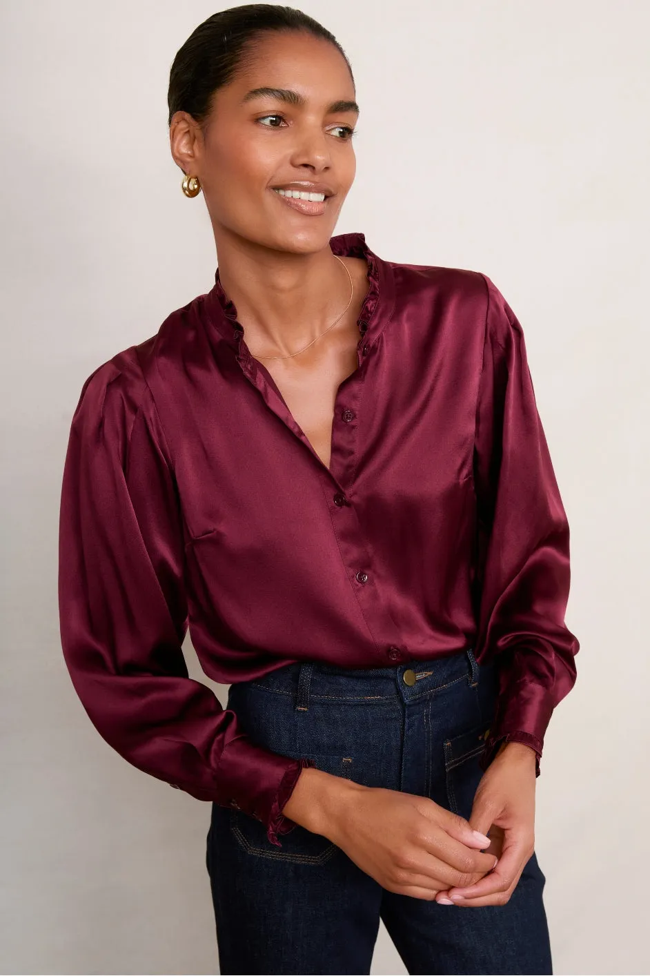 Paris Silk Frill Shirt - Plum