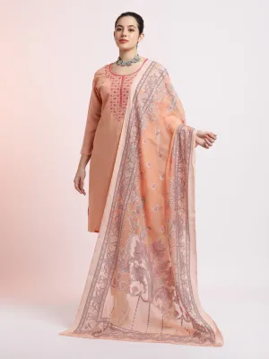 Peach Embroidered Silk Blend Kurta Set With Dupatta