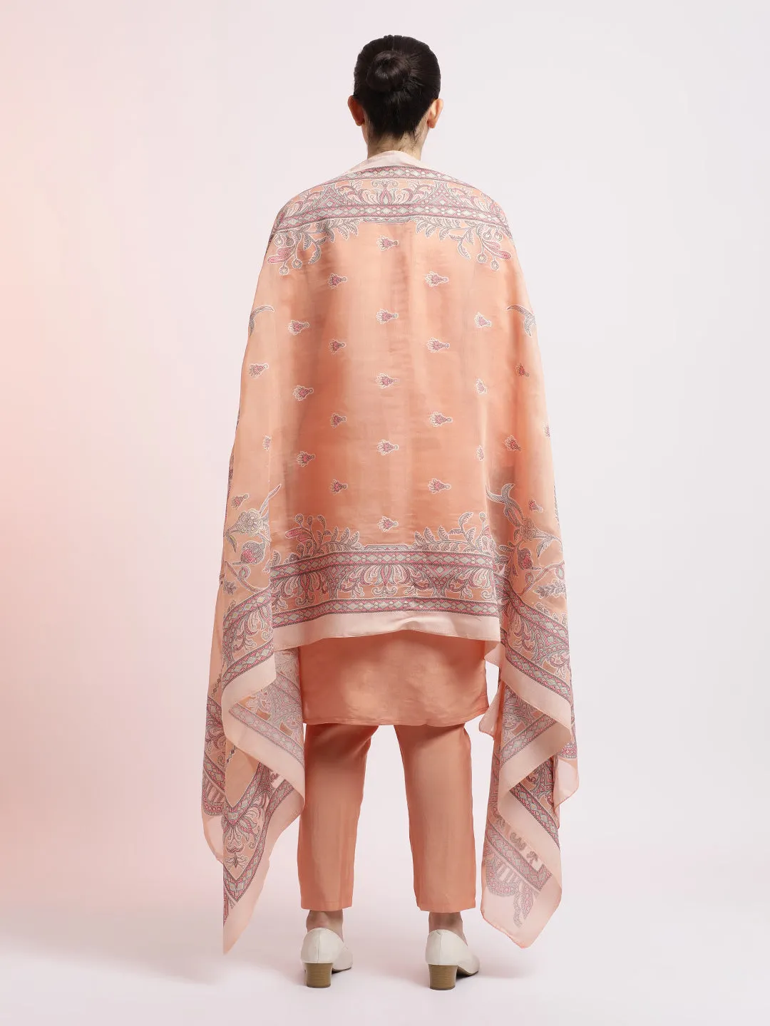 Peach Embroidered Silk Blend Kurta Set With Dupatta