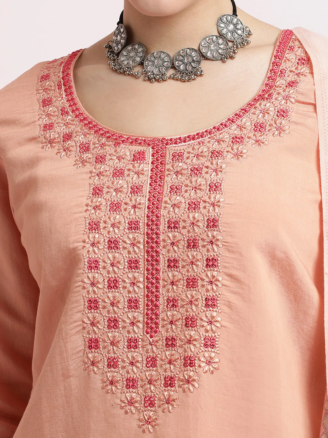 Peach Embroidered Silk Blend Kurta Set With Dupatta