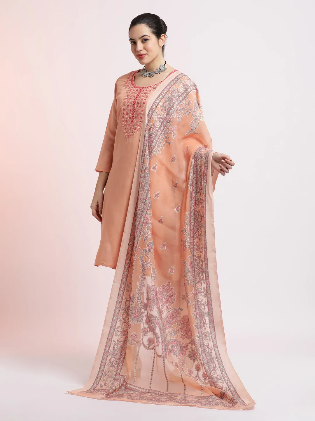 Peach Embroidered Silk Blend Kurta Set With Dupatta