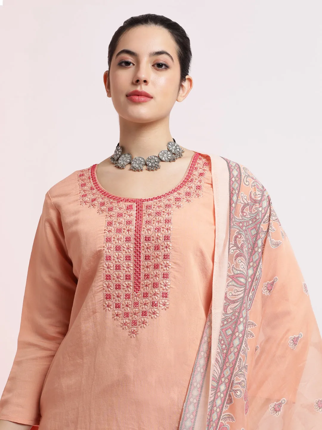 Peach Embroidered Silk Blend Kurta Set With Dupatta
