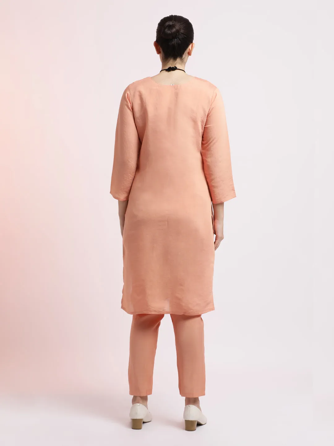 Peach Embroidered Silk Blend Kurta Set With Dupatta