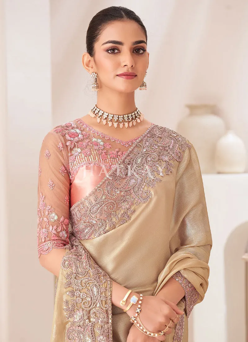 Peach Golden Embroidery Saree