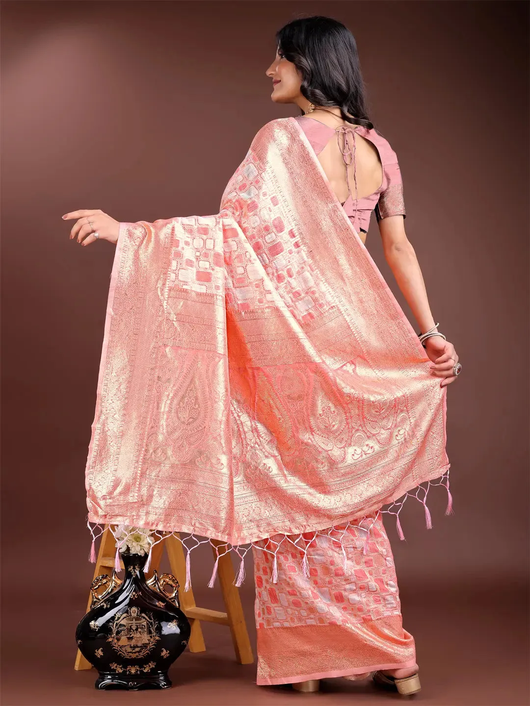 Peach Linen Cotton Saree