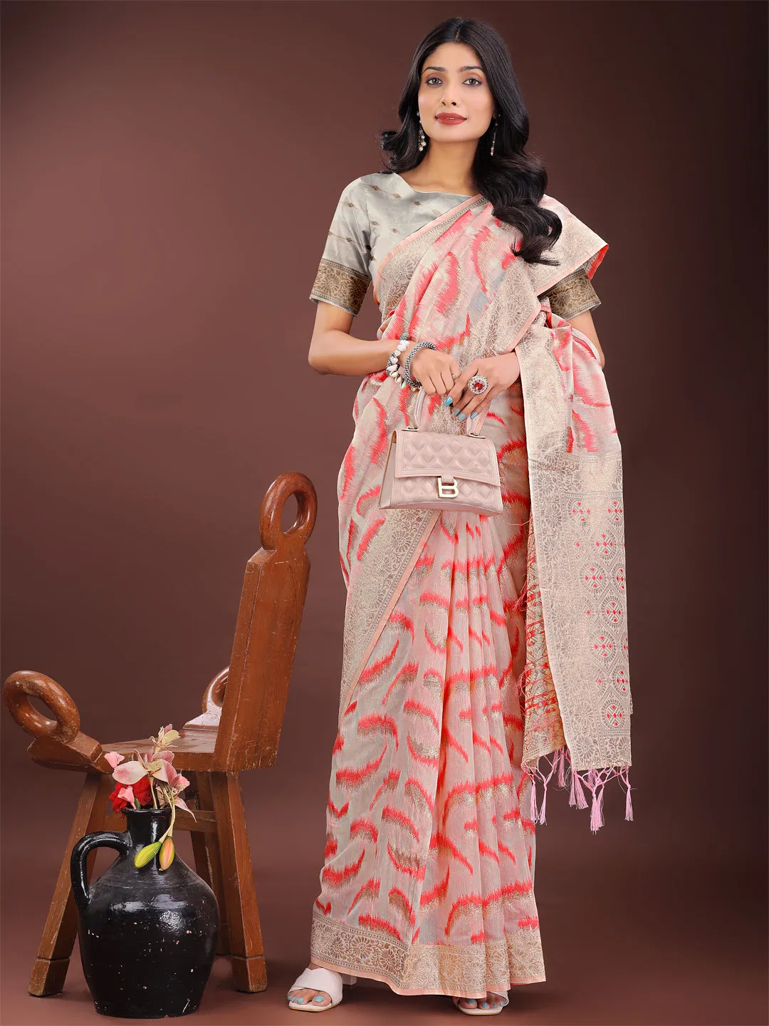 Peach Linen Cotton Saree