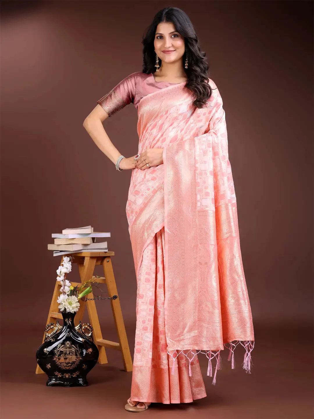 Peach Linen Cotton Saree