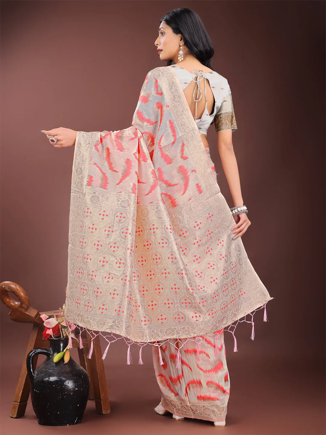 Peach Linen Cotton Saree