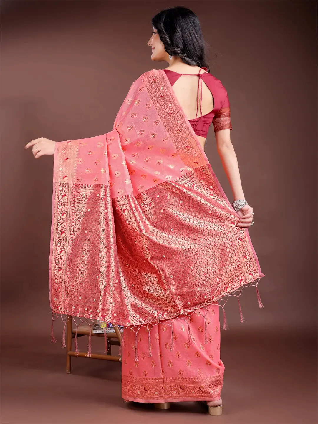 Peach Linen Cotton Saree