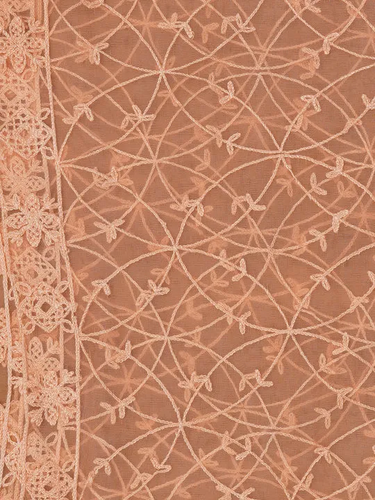 Peach Unstitched Embroidered Cotton Blend Dress Material With Dupatta