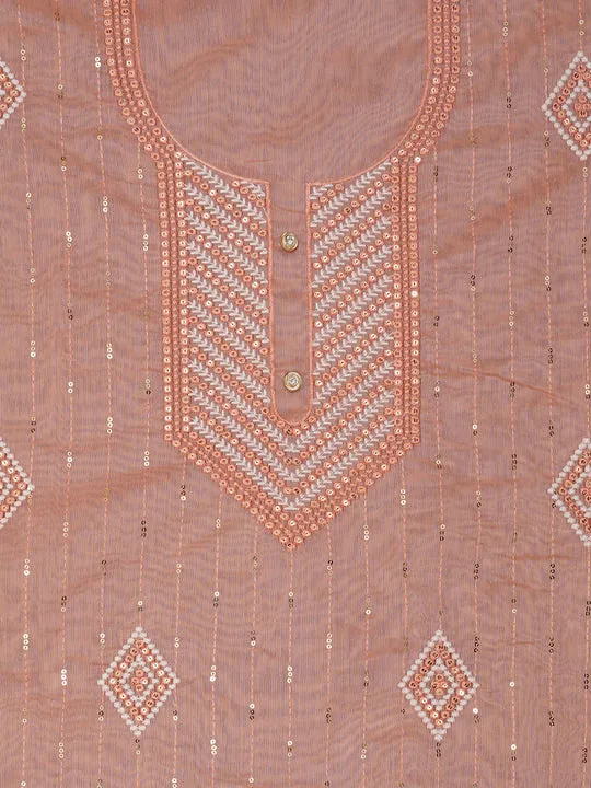 Peach Unstitched Embroidered Cotton Blend Dress Material With Dupatta