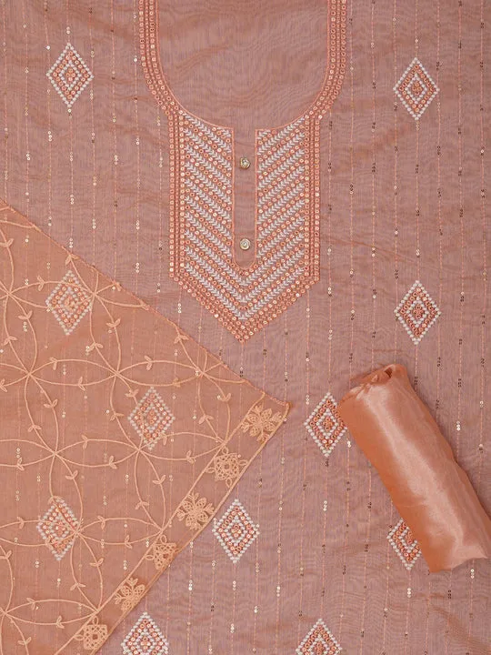 Peach Unstitched Embroidered Cotton Blend Dress Material With Dupatta
