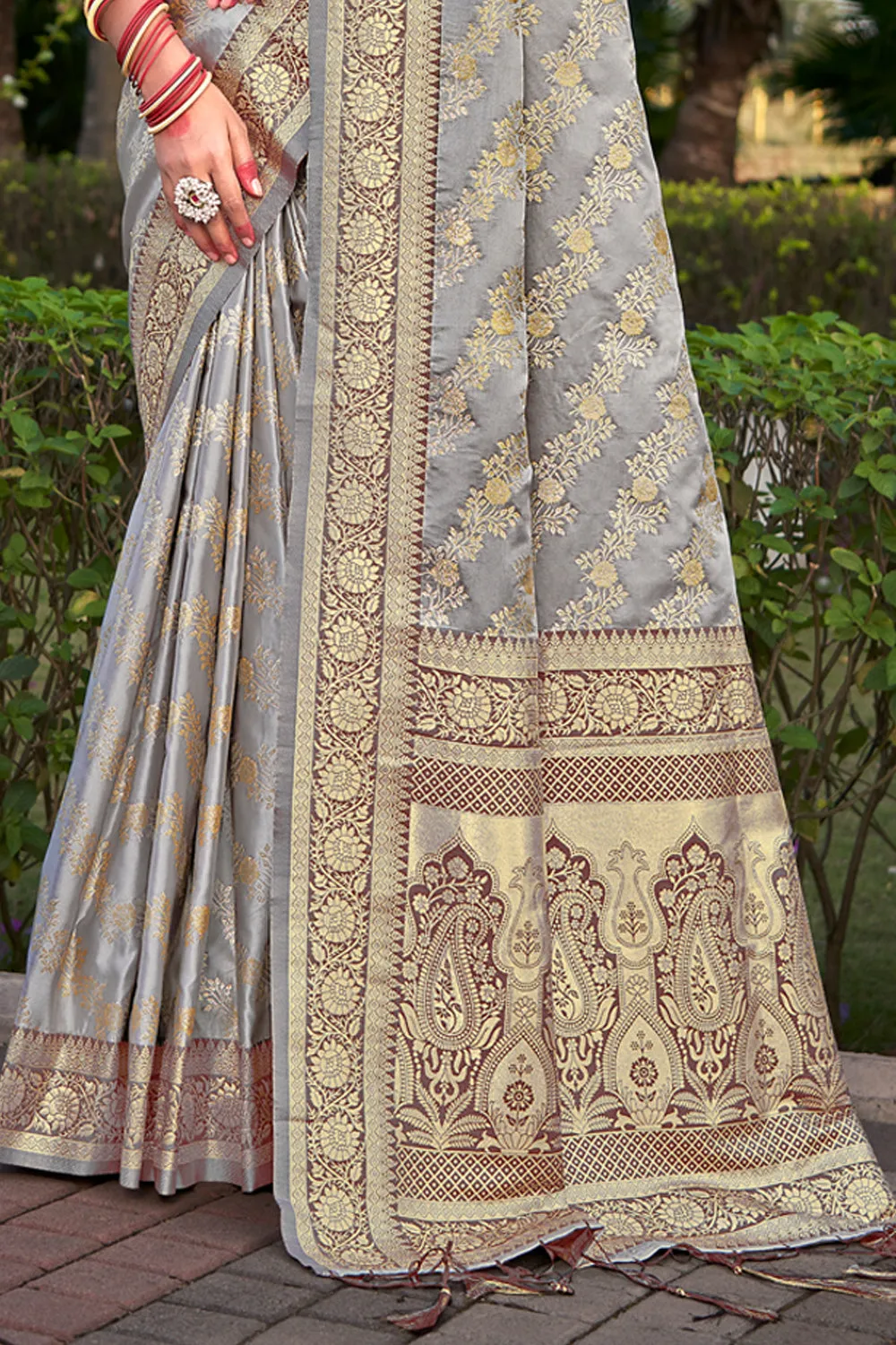 Pearl Gray Satan Silk Saree