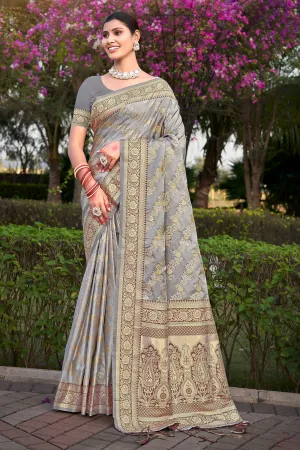Pearl Gray Satan Silk Saree