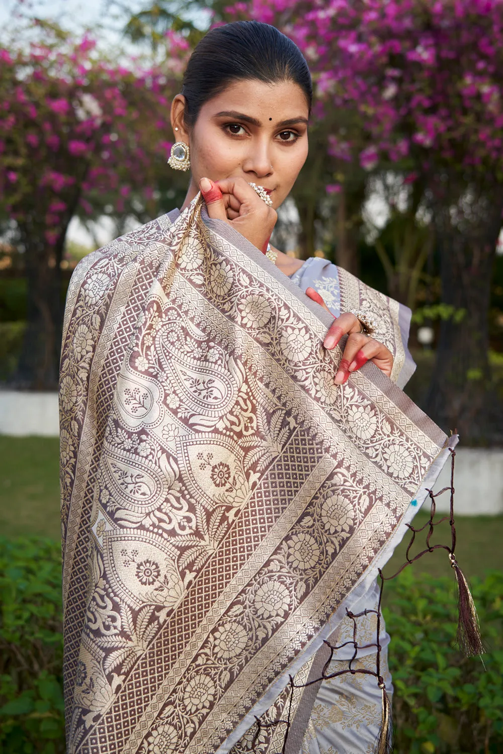 Pearl Gray Satan Silk Saree