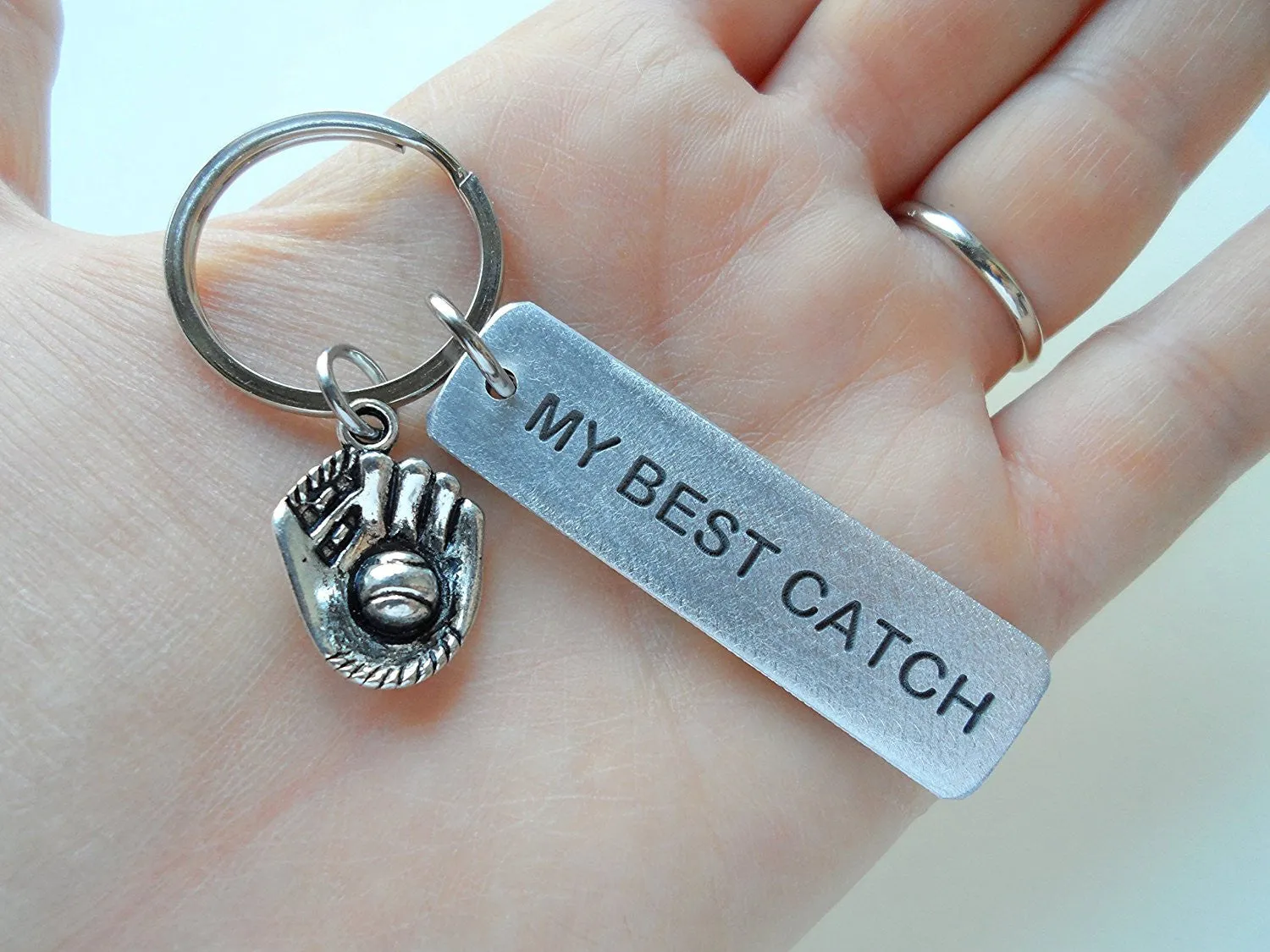 Personalized "My Best Catch" Engraved Aluminum Tag Keychain and Baseball Mitt Charm Keychain; Couples Keychain