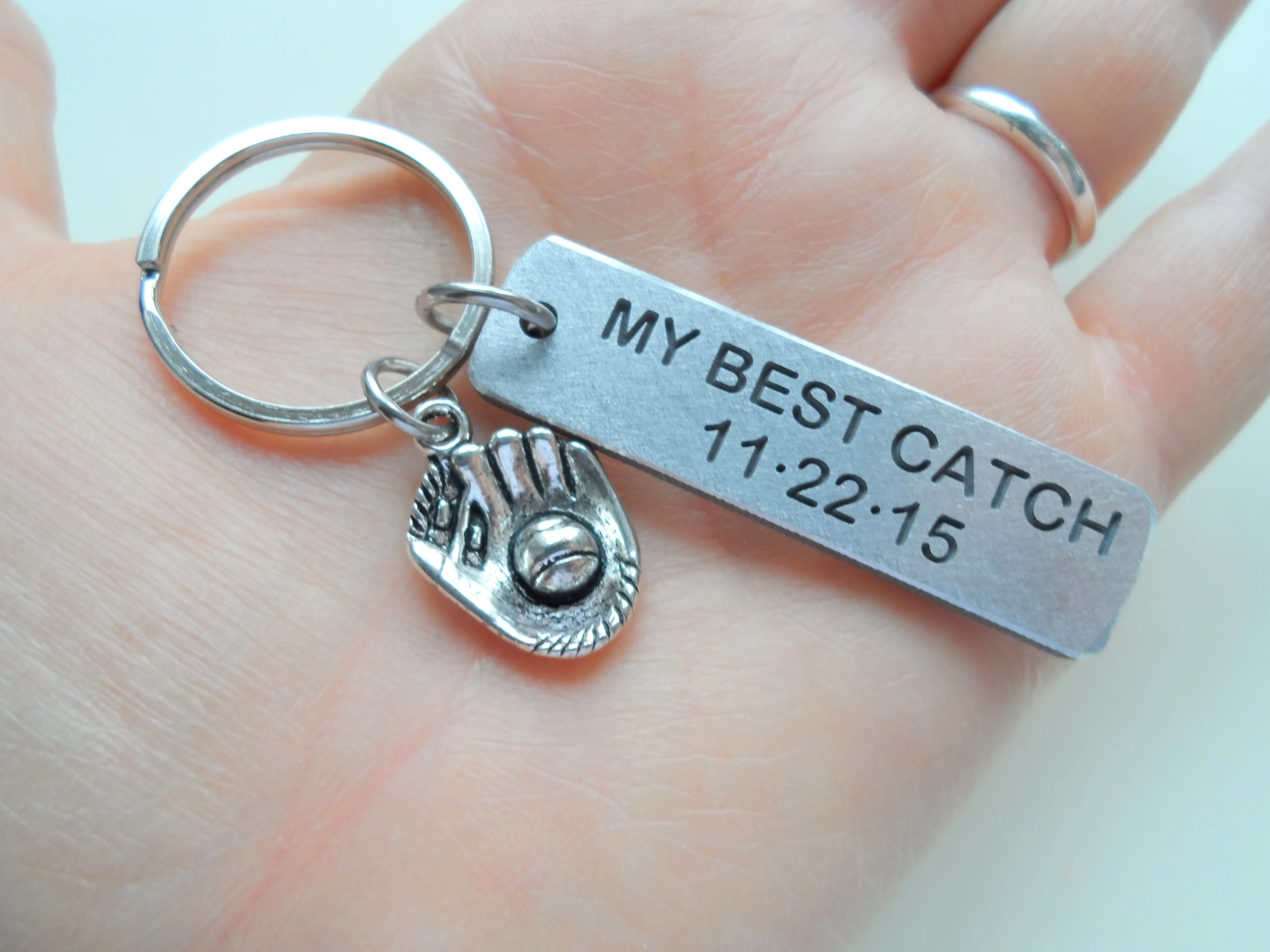 Personalized "My Best Catch" Engraved Aluminum Tag Keychain and Baseball Mitt Charm Keychain; Couples Keychain