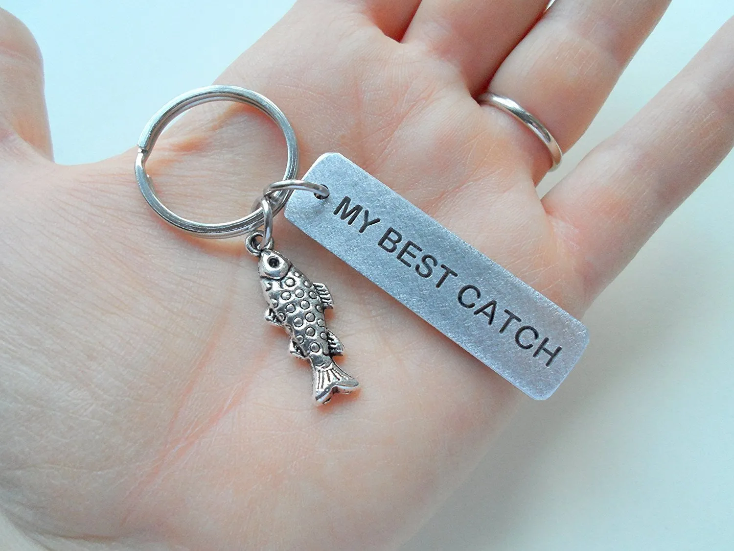 Personalized "My Best Catch" Keychain With Engraved Anniversary Date on Aluminum Tag With Fish Charm Keychain, Couples Keychain