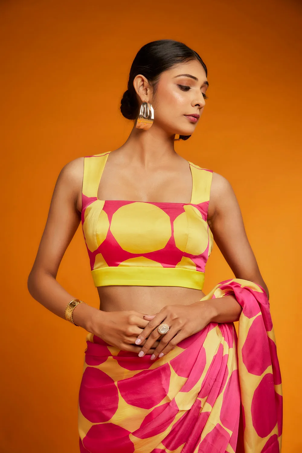 Pink & Yellow Satin Polka Printed Saree Set