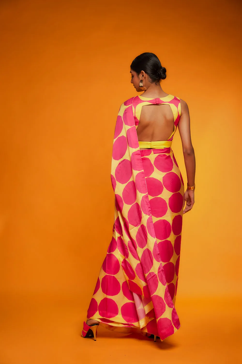 Pink & Yellow Satin Polka Printed Saree Set