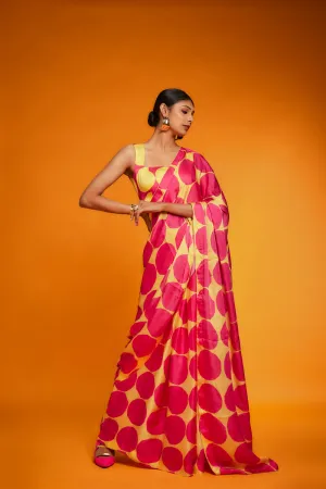 Pink & Yellow Satin Polka Printed Saree Set
