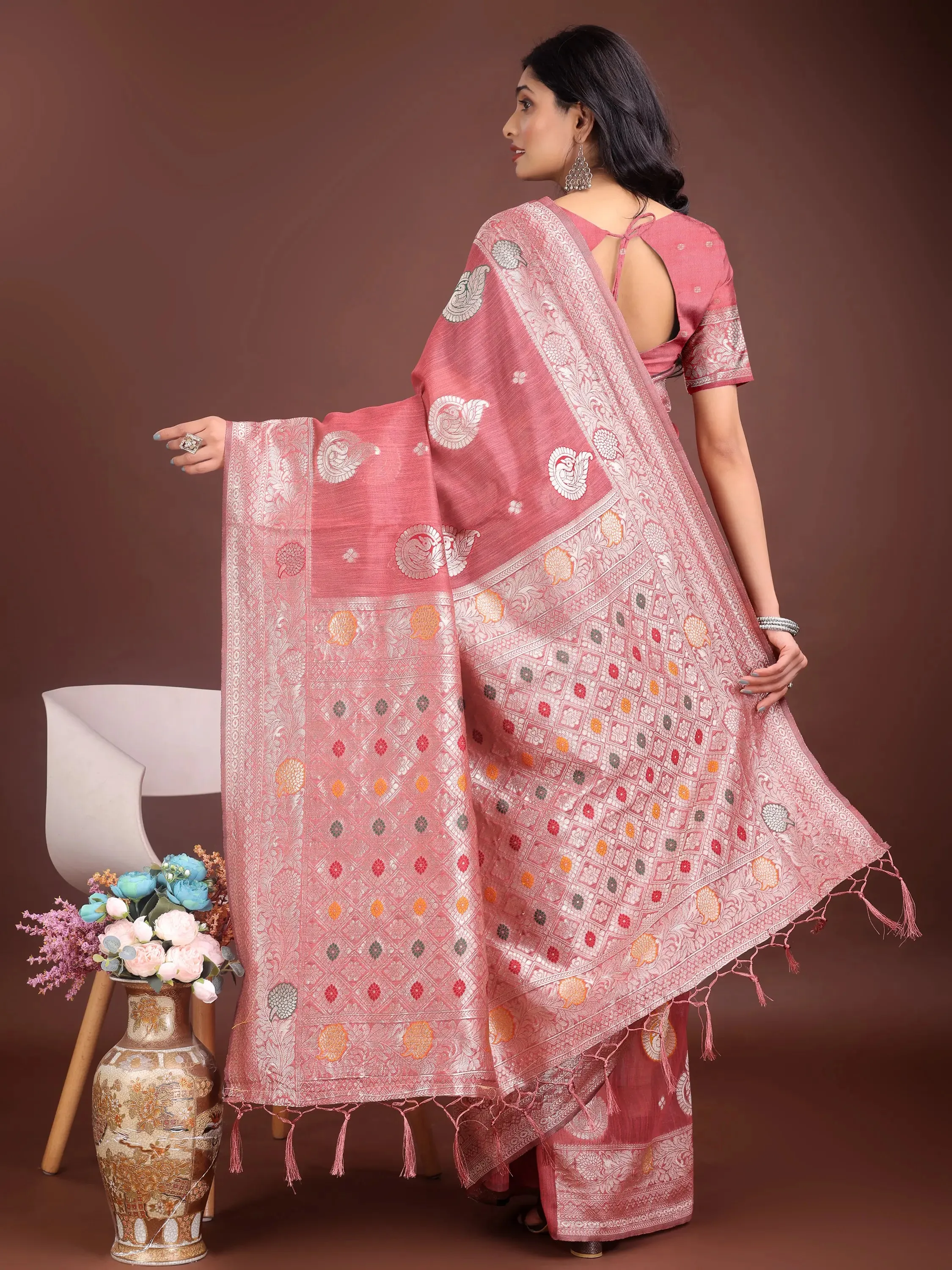 Pink Linen Cotton Saree