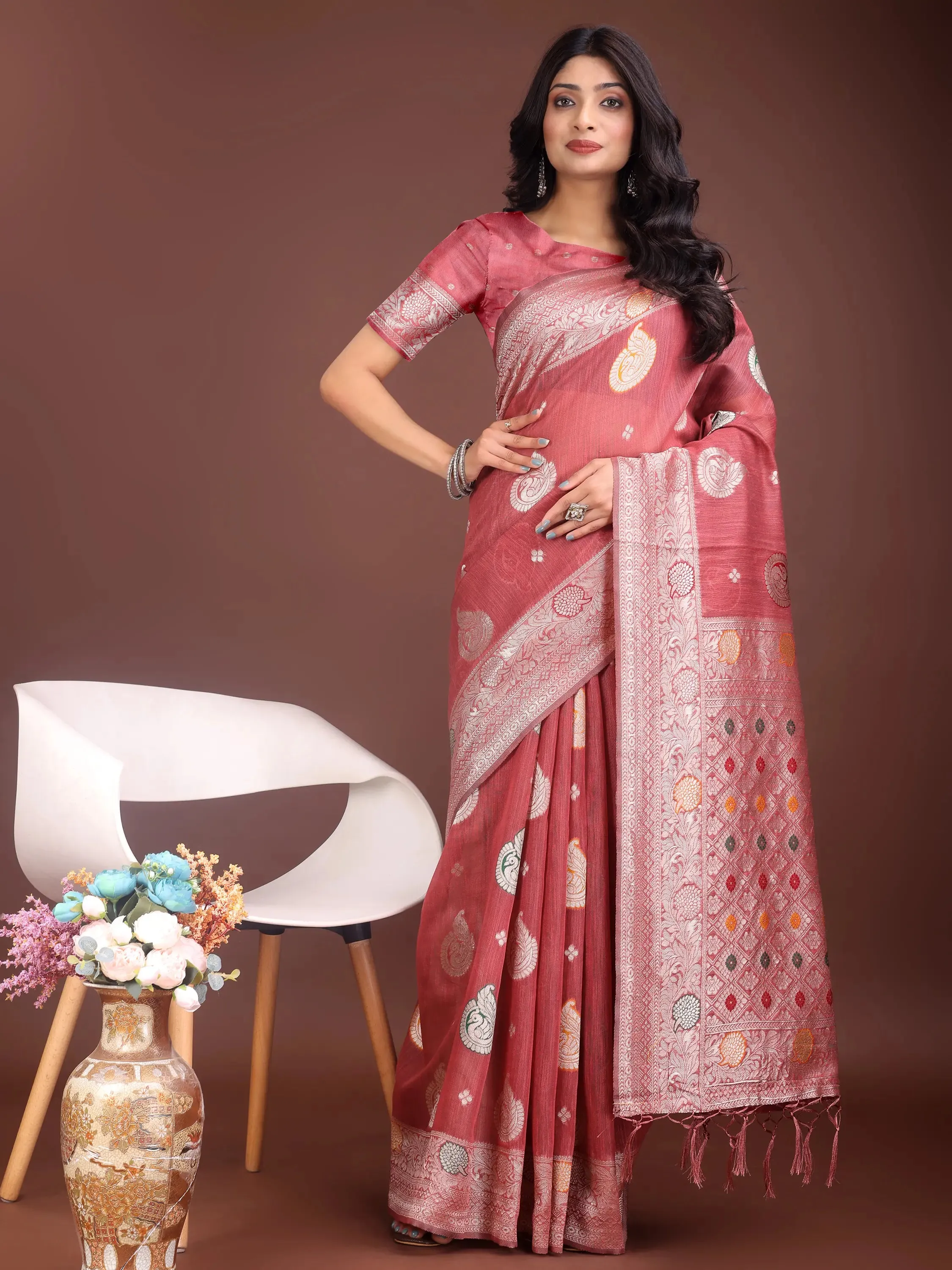 Pink Linen Cotton Saree
