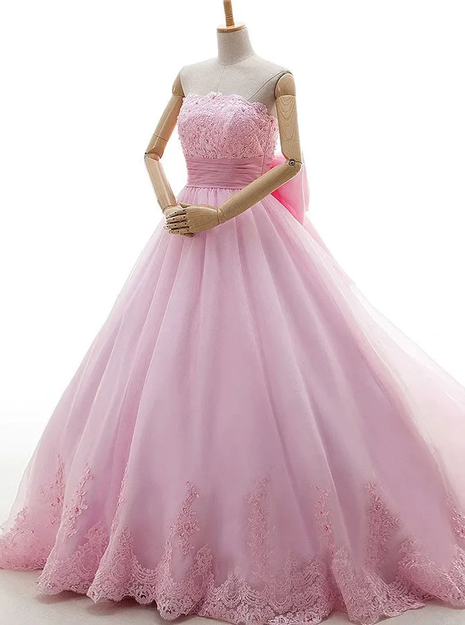 Pink Tulle Strapless With Bowknot Sleeveless Appliques Ball Gown Wedding Dresses