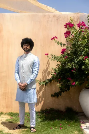 Powder Blue Organza Embroidered Jacket With Silk Kurta
