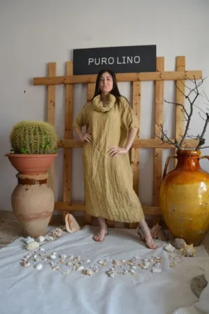 Pure Italian Linen Positano Long gold Dress Short sleeves