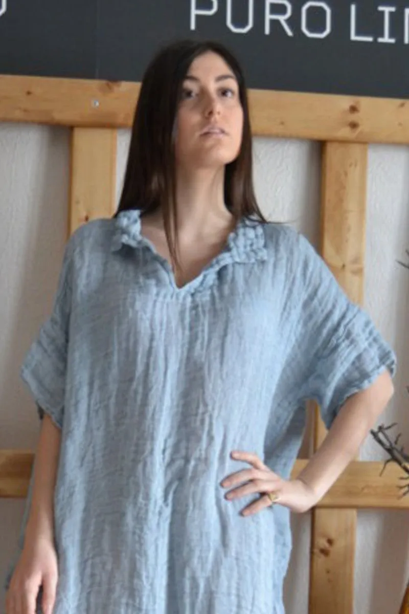 Pure Linen Handmade Positano Long Dress with Collar