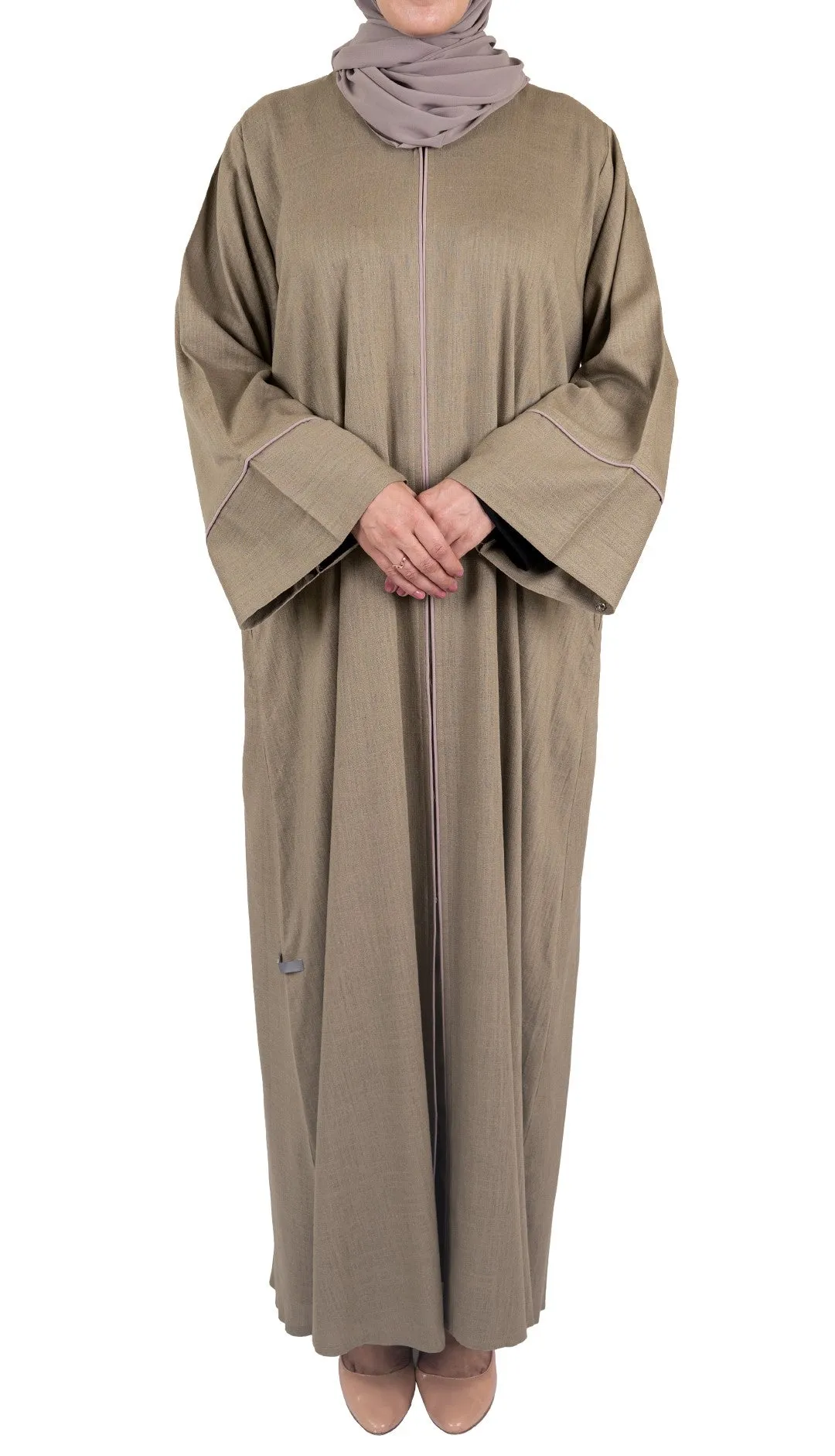 Pure Soft Premium Linen Abaya with Contrast Piping - Mocha